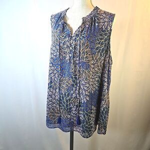 Daniel Rainn Sleeveless Blouse Top Plus Size 2X Blue Leaf Feather Peacock Tassel